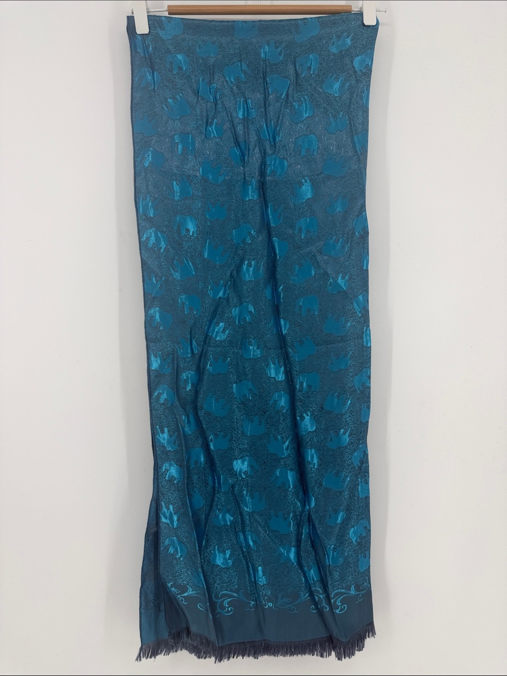 100% Silk Elephant Paisley Jacquard Scarf Shawl Teal Blue Fringe